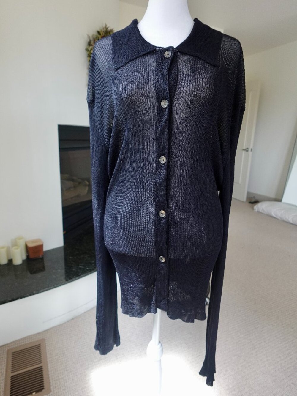 Free People Black Sheer Button-Down Knit Shirt